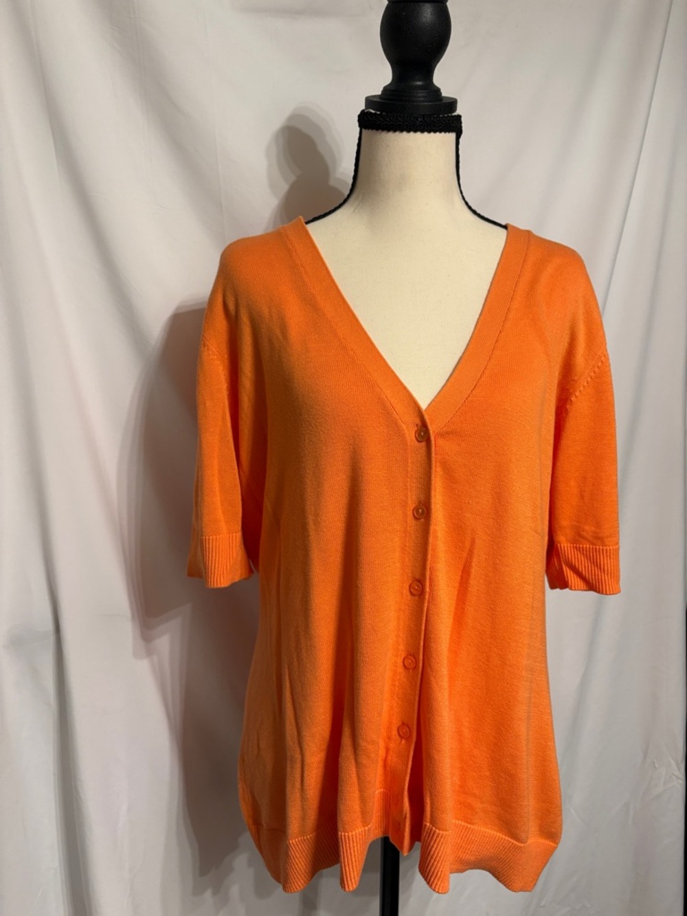 Chadwicks Orange Knit Short Sleeve V neck Cardigan SZ L Officewear Careerwear.
